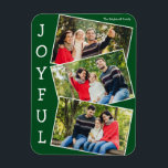 Joyful Green 3 Family Foto Collage Weihnachten Magnet<br><div class="desc">Moderner grüner Weihnachtsmagnet mit 3 Familienfotos in einem lustigen überlappenden Schnappschuss-Muster mit weißem Rahmen und dem Wort Joyful,  das senkrecht unten auf der Seite geschrieben wurde. Finden Sie Ihre drei Lieblingsbilder für diese niedlichen Familienferienmagnete.</div>