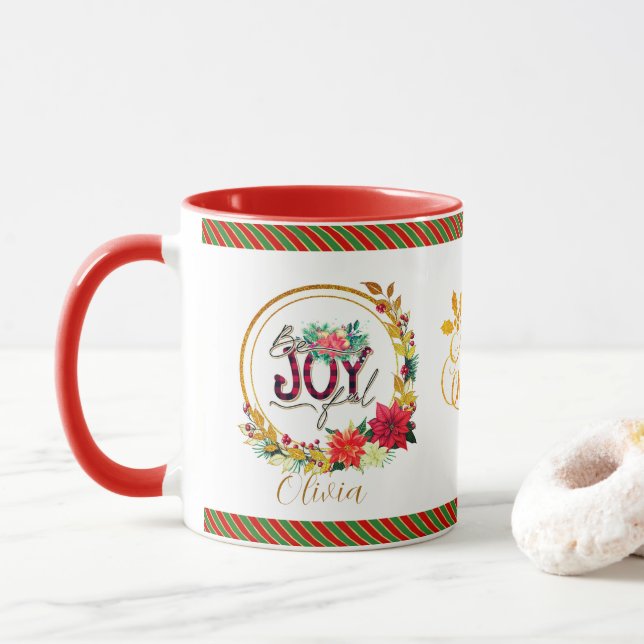Joyful Holiday Floral and Plaid Christmas Tasse (Mit Donut)