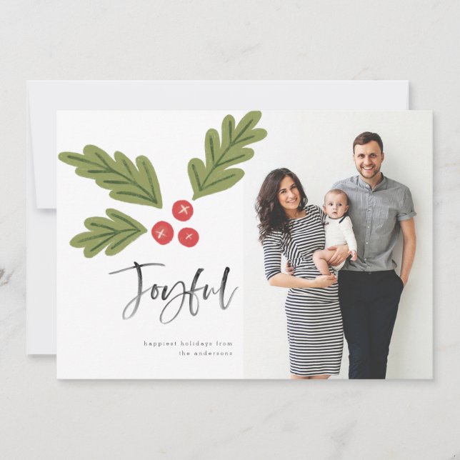 Joyful Holly Berry Modern Bold Holiday White Foto (Vorderseite)
