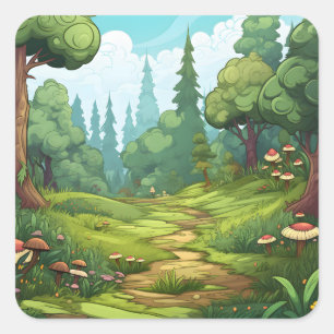 Joyful Jungle Cartoon Fantasy Quadratischer Aufkleber