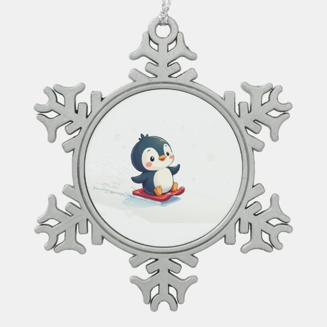 Joyful Kawaii Penguin Sledding Christmas Schneeflocken Zinn-Ornament (Vorderseite)
