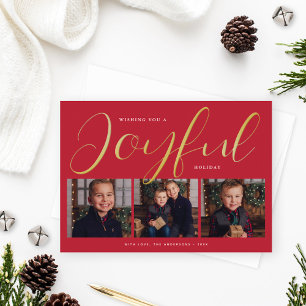 Joyful Modern Red and Gold Script Foto Collage Folien Feiertagskarte