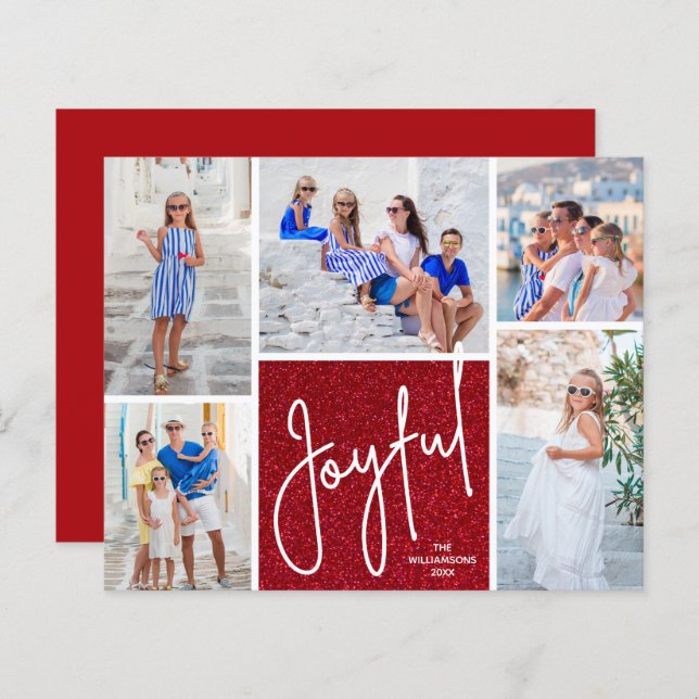 JOYFUL Multi Foto Budget Red Holiday Cards (Vorne/Hinten)