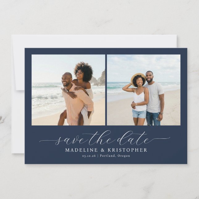 Joyful Navy Beach Photo Collage Save The Date (Vorderseite)