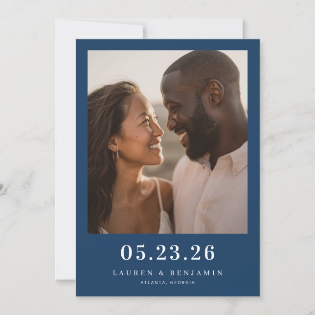 Joyful Navy Romantic Photo Save The Date (Vorderseite)