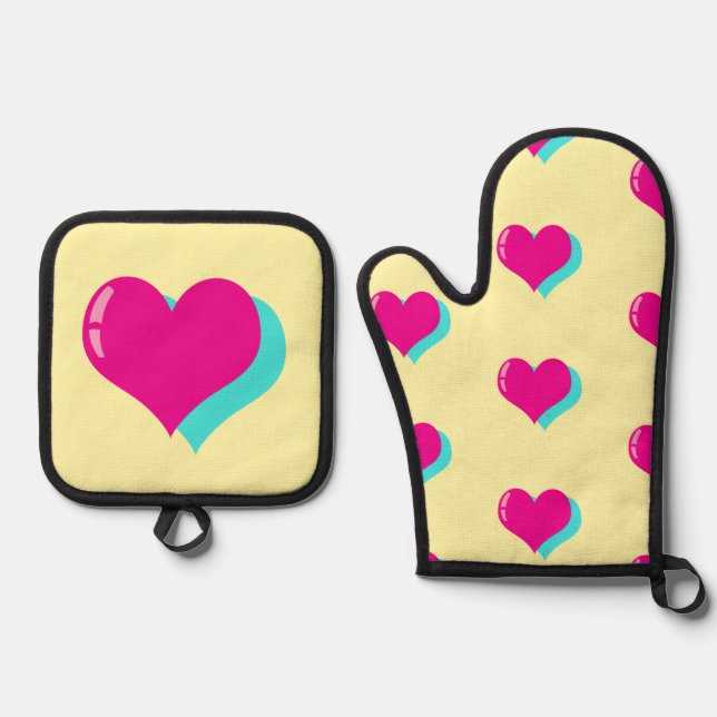 Joyful Neon Love Retro Vaporwave Hearts Fun Ofenhandschuh & Topflappen-Set (Vorderseite)