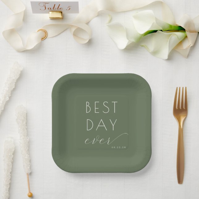 Joyful Olive Green Typographic Wedding Plates Pappteller (Hochzeit)