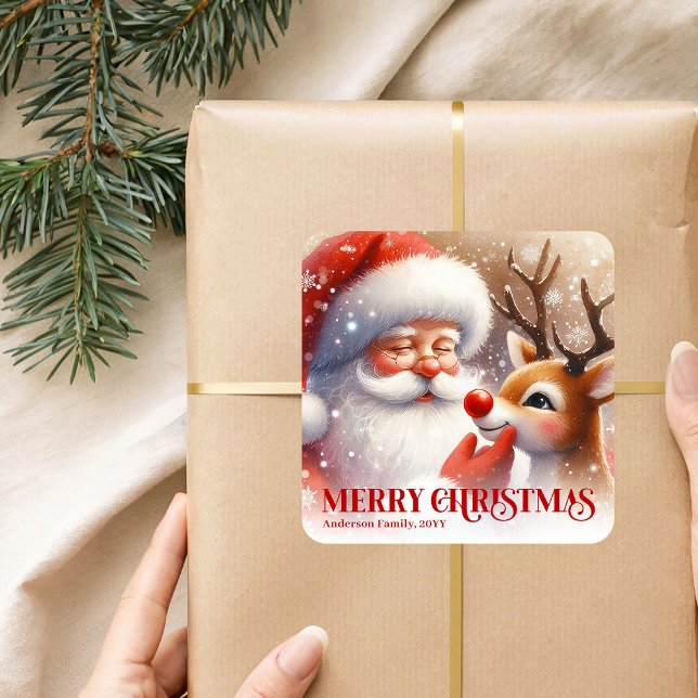 Joyful Personalized Santa and Rudolph Christmas   Quadratischer Aufkleber (Joyful Personalized Santa and Rudolph Christmas Sticker)