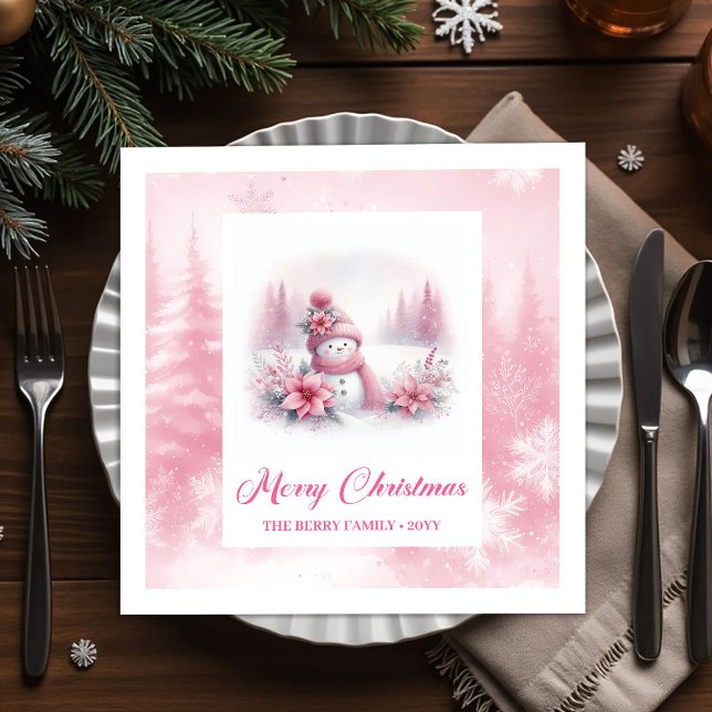 Joyful Pink Snowman Kids Christmas Scene Winter  Serviette (Joyful Pink Snowman Kids Christmas Scene Winter Forest Napkins

)