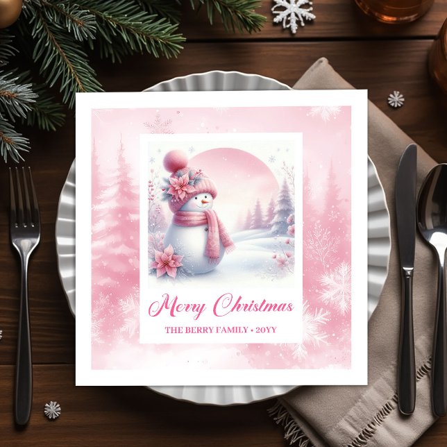 Joyful Pink Snowman Winter Forest Christmas Napkin Serviette (Joyful Pink Snowman Winter Forest Christmas Napkins Kids)
