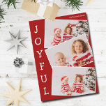 Joyful Red 3 Family Foto Collage Moderne Weihnacht Feiertagskarte<br><div class="desc">Moderne Weihnachts-Collage-Karte mit 3 Kinderfotos in einem lustigen überlappenden Schnappschuss-Muster mit weißem Rand und das Wort Joyful senkrecht unten geschrieben. Finden Sie Ihre drei Lieblingsbilder für diese niedliche Familienurlaubskarte.</div>
