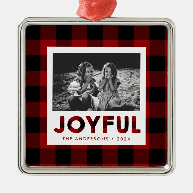 Joyful Red Buffalo Kariertes Foto Weihnachtsschmuc Ornament Aus Metall (Vorne)