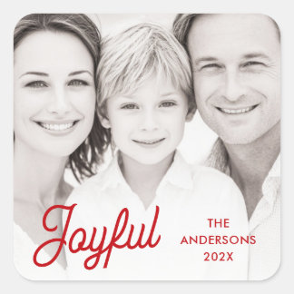 Joyful red festive retro font name year photo quadratischer aufkleber