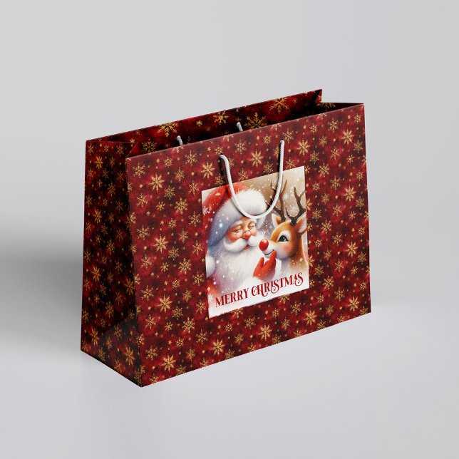 Joyful Santa and Rudolph Christmas Cartoon Gifting Große Geschenktüte (Joyful Santa and Rudolph Christmas Cartoon Gift Bag)