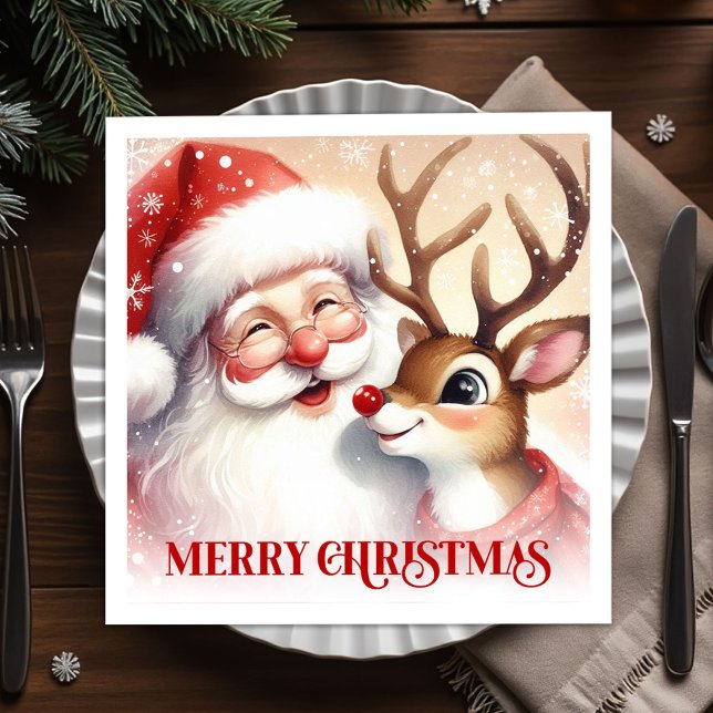 Joyful Santa and Rudolph Christmas Napkins Dinner  Serviette (Joyful Santa and Rudolph Christmas Napkins Dinner Tableware

)