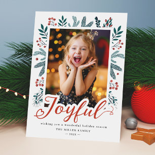 Joyful Script Letters Holly Berries Foto Feiertagskarte