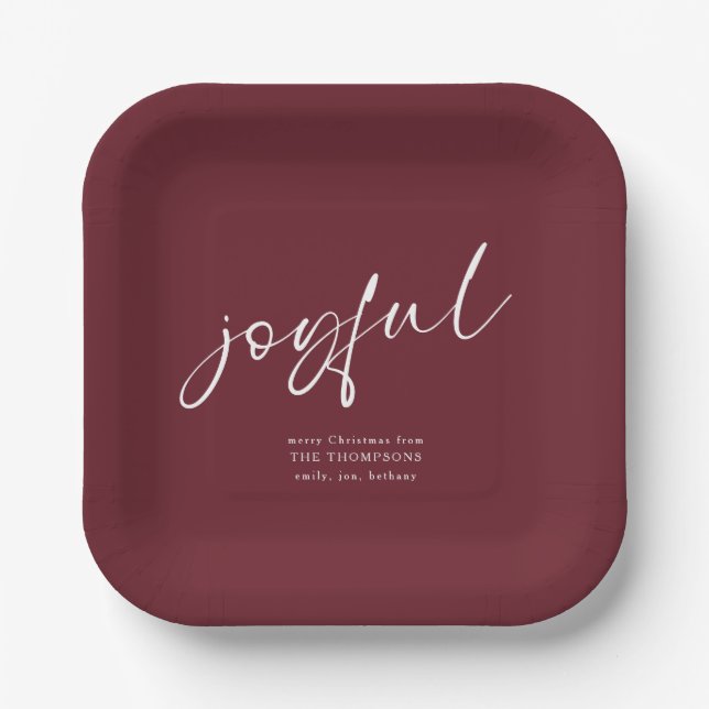 Joyful Script Name Merry Christmas Burgundy Pappteller (Vorderseite)