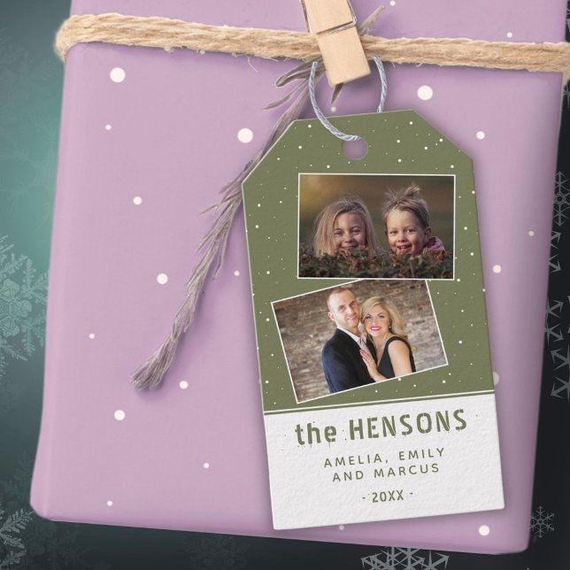 Joyful Script Olive Green Holiday 2 Foto Geschenkanhänger (Von Creator hochgeladen)