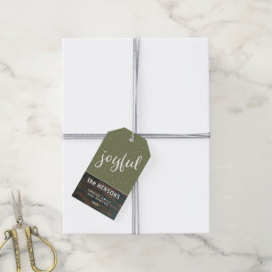 Joyful Script Rustic Wood Olive Green Holiday Geschenkanhänger