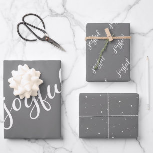 Joyful Script Snowflake Simple Gray Holiday Geschenkpapier Set
