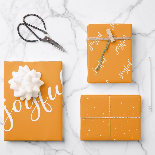 Joyful Script Snowflakes Orange Holiday Geschenkpapier Set (Vorderseite)