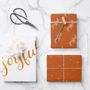Joyful Script Snowflakes Orange Holiday Geschenkpapier Set