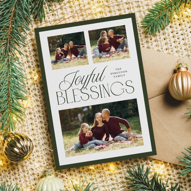 Joyful Segings Religiöse Weihnachten 3-Foto Grün (joyful blessings religious Christmas 3-photo card in green)