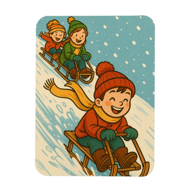 Joyful Sled Ride – Cute Kids Sleigh Riding Winter Magnet (Vertikal)