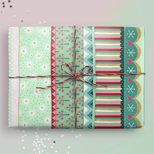 Joyful Strip Grünes Weihnachtswrapping Papier Geschenkpapier (Gift mockup)