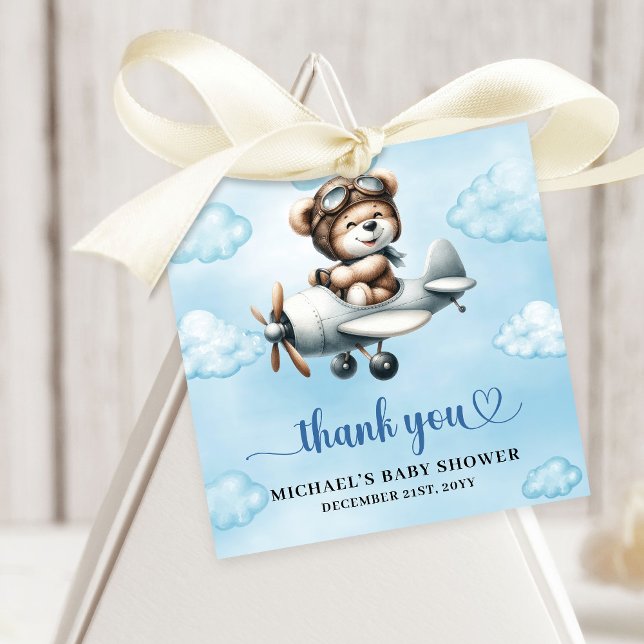 Joyful Teddy Bear Pilot Airplane Blue Brown Baby  Geschenkanhänger (Joyful Teddy Bear Pilot Airplane Blue Brown Baby Shower Favor Tag

)