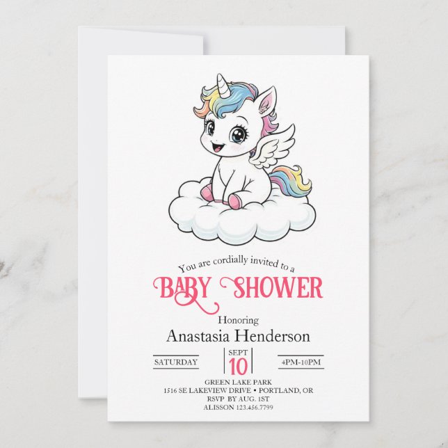 Joyful Whimsy Unicorn Baby Dusche Einladung (Vorderseite)