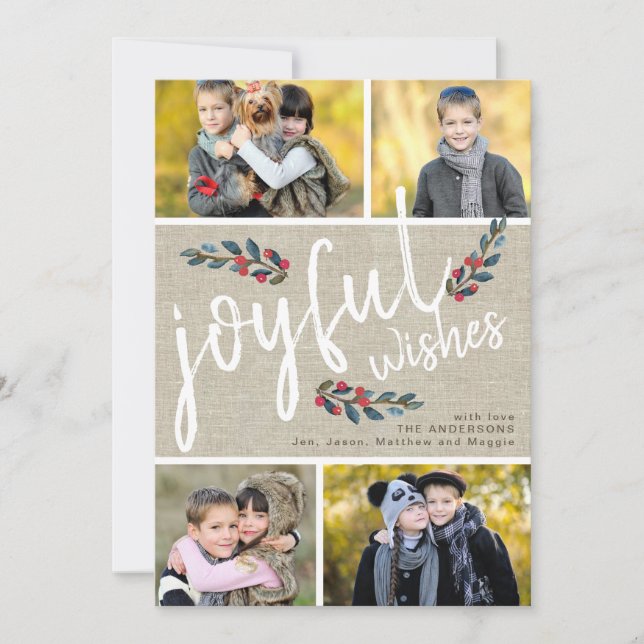 Joyful Wish Beige Linen Weihnachten 4 Foto Collage (Vorderseite)