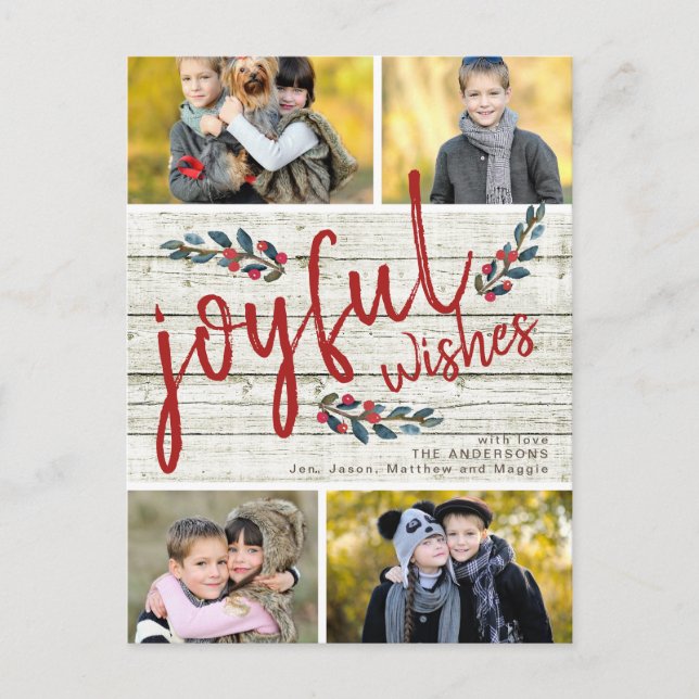 Joyful Wish Rustic Red Christmas 4 Foto Collage Feiertagspostkarte (Vorderseite)