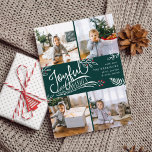 Joyful Wish | Weihnachtsfoto-Collage Card Feiertagskarte<br><div class="desc">Die schöne typografische Urlaubskarte zeigt vier Ihrer beliebten quadratischen Fotos in einem Collage Layout. "Joyful Wishs" erscheint in der Mitte in weißer Hand mit Schriftzeichen auf einem Jägergrünen Hintergrund mit weißen Blätter und roten Heiligen Beeren. Passen Sie sich mit Ihrem persönlichen Gruß, Familiennamen und individuellen Namen an. Karten kehren zu...</div>