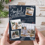 Joyful Wish | Weihnachtsfoto-Collage Card Feiertagskarte<br><div class="desc">Die schöne typografische Urlaubskarte zeigt vier Ihrer beliebten quadratischen Fotos in einem Collage Layout. "Joyful Wishs" erscheint oben in der weißen Hand mit Schriftzeichen auf einem reichen marineblauen Hintergrund mit weißen Blätter und roten Heiligbeeren. Passen Sie sich mit Ihrem persönlichen Gruß, Familiennamen und individuellen Namen an. Die Karten kehren zu...</div>