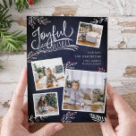 Joyful Wish | Weihnachtsfoto-Collage Card Feiertagskarte<br><div class="desc">Die schöne typografische Urlaubskarte zeigt vier Ihrer beliebten quadratischen Fotos in einem Collage Layout. "Joyful Wishs" erscheint oben in der weißen Hand mit Schriftzeichen auf einem marineblauen Kalkbretthintergrund mit weißen Blätter und roten Heiligbeeren. Passen Sie sich mit Ihrem persönlichen Gruß, Familiennamen und individuellen Namen an. Karten kehren zu einem festlichen...</div>