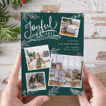 Joyful Wish | Weihnachtsfoto-Collage Card Feiertagskarte<br><div class="desc">Die schöne typografische Urlaubskarte zeigt vier Ihrer beliebten quadratischen Fotos in einem Collage Layout. "Joyful Wishs" erscheint oben in weißer Hand auf einem dunklen Fichtengrün-Hintergrund mit weißen Blätter und roten Heiligen Beeren. Passen Sie sich mit Ihrem persönlichen Gruß, Familiennamen und individuellen Namen an. Die Karten kehren zu einem festlichen Urlaubsmuster...</div>