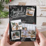 Joyful Wish | Weihnachtsfoto-Collage Card Feiertagskarte<br><div class="desc">Die schöne typografische Urlaubskarte zeigt vier Ihrer beliebten quadratischen Fotos in einem Collage Layout. "Joyful Wishs" erscheint oben in der weißen Hand mit Schriftzeichen auf einem kohlegrauen Kalkbrettboden, der mit weißen Blätter und roten Heiligbeeren betont wird. Passen Sie sich mit Ihrem persönlichen Gruß, Familiennamen und individuellen Namen an. Karten kehren...</div>