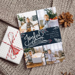 Joyful Wish | Weihnachtsfoto-Collage Card Feiertagskarte<br><div class="desc">Die schöne typografische Urlaubskarte zeigt vier Ihrer beliebten quadratischen Fotos in einem Collage Layout. "Joyful Wishs" erscheint in der Mitte in weißer Hand mit Schriftzeichen auf einem reichen marineblauen Hintergrund mit weißen Blätter und roten Heiligbeeren. Passen Sie sich mit Ihrem persönlichen Gruß,  Familiennamen und individuellen Namen an.</div>