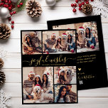 Joyful wünscht Script 5 Foto Collage Weihnachten<br><div class="desc">Modern Simple Elegant Calligraphy Black und Gold 5 Foto Collage Joyful wünscht Script Weihnachtskarte. Diese festliche, minimalistische, skurrile 5 (5) Foto-Grußkartenvorlage verfügt über eine hübsche Gitter-Foto-Collage und "Joyful Wishs" Grußtext ist in einem schönen handgeschriebenen Wirblen Swash-Schwanz Typografie oder Kalligraphie-Skript in rot auf weißem Hintergrund. Auf der Rückseite mit Ihrer Grußbotschaft...</div>