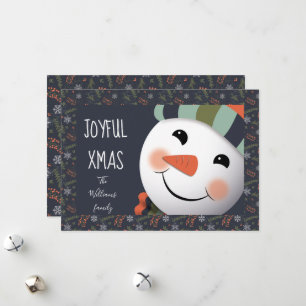 Joyful Xmas Happy Snowman Blätter Rand blau Feiertagskarte