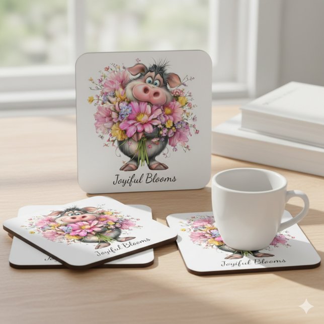 Joyiful Blooms Cute Pig Floral Coaster Rechteckiger Pappuntersetzer (Von Creator hochgeladen)