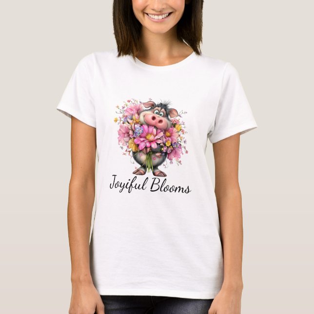 Joyiful Blooms Cute Pig Floral T-Shirt (Vorderseite)