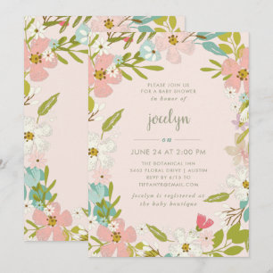 Joyous Floral Einladung zur Pink Baby Dusche