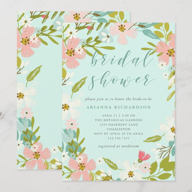 Joyous Floral on Mint Green | Brautparty Einladung (Vorne/Hinten)