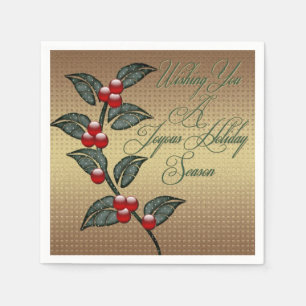 Joyous Holiday Gold Christmas Holly Napkins Serviette