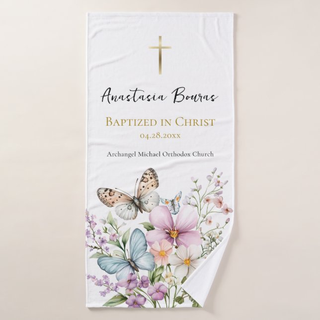 Joyous Pastel Flowers & Butterfly Baptism Gift  Badehandtuch (Badehandtuch)