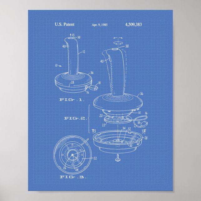 Joystick-Controller 1985 Patentart Blueprint Poster (Vorne)