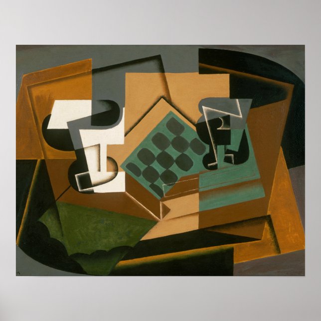 Juan Gris - Schachbrett, Glas und Gericht Poster (Vorne)