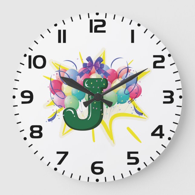 Jubelmonogramm Buchstabe J mit Luftballons Große Wanduhr (Vorderseite)